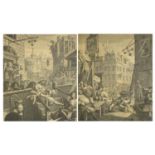 After William Hogarth - Beer Street and Gin Lane, pair of 18th century engravings, details verso,