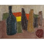 Abstract composition still life vessels, Russian school oil on board, mounted and framed, 43.5cm x