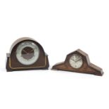 Two Smiths oak case mantle clocks including an Art Deco electronic example with date aperture, the