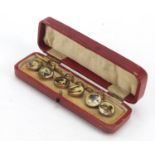 Set of six vintage dog head buttons housed in a fitted case, each 1.4cm in diameter