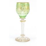 Attributed to Moser, Bohemian cut glass wine glass with gilt foliate bowl and facetted spiral