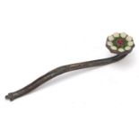 Chinese patinated bronze flower head design ruyi sceptre, 31.5cm in length