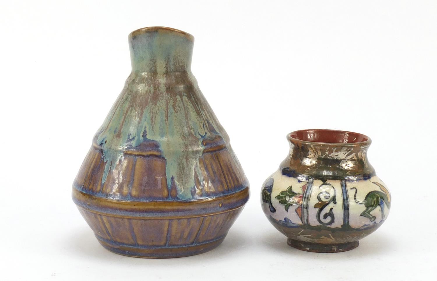 French Art Deco pottery lustre vase and one other, the lustre example hand painted with stylised - Image 5 of 9