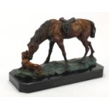 Cold painted bronze study of a horse and dog, signed with applied initials HDH, raised on a
