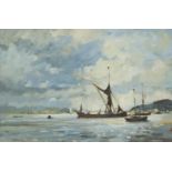 Barges in an estuary, Impressionist oil on board, mounted and framed, 44.5cm x 29cm excluding the