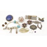 Costume jewellery including a Ruskin cabochon, Scottish agate brooch, enamelled bird brooch and char