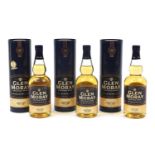 Three bottles of Glen Moray single malt whiskey with boxes