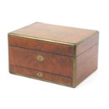 Victorian walnut workbox with brass inlay, mirrored back, tooled leather mounts, fitted lift out