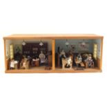 Hand built wooden doll's house diorama of two classrooms with contents, 28cm H x 75cm x 32cm D
