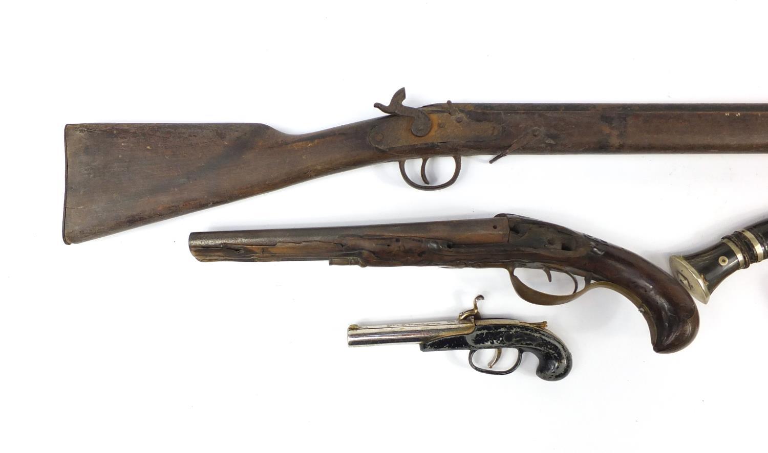 19th century double barrel pistol, Gurkha's kukri knife, percussion cap rifle and a gun design - Image 5 of 6