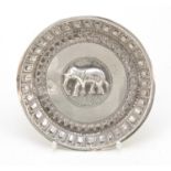 Burmese silver coloured metal dish embossed with a elephant, 11cm in diameter, 53.5g