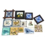 Thirteen antique and later Continental tiles including a Maiolica example hand painted with animals,