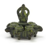 Indian patinated bronze sectional spice box, 6.5cm high