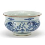 Chinese blue and white porcelain censer hand painted with two dragons chasing a flaming pearl,