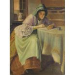 After William Langley - Female at a table, oil on board, mounted and framed, 53.5cm x 39.5cm