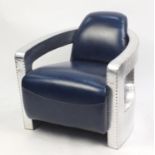 Aviation design club chair with blue leather upholstery, 75cm H x 74cm W x 80cm D