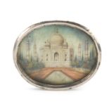 19th century Anglo Indian ivory miniature hand painted with the Taj Mahal, 4cm x 3.5cm