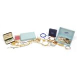 Costume jewellery including glass bangles, brooches, silver necklaces and a ladies Avia wristwatch