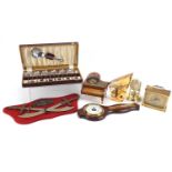 Sundry items including anniversary clock, Lucite paperweight and barometer, the largest 36cm high