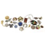 Vintage and later costume jewellery brooches including Royal Worcester porcelain flower head and