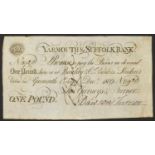 19th century Yarmouth & Suffolk Bank one pound note, no B920, dated 1809
