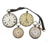 Four silver open face pocket watches including two with ornate enamel dials, the largest 50cm in