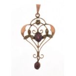 Art Nouveau unmarked 9ct gold amethyst and seed pearl pendant, 4.2cm in length, 1.8g