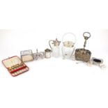 Silver and silver plated items including silver peperette, two silver napkin rings, silver