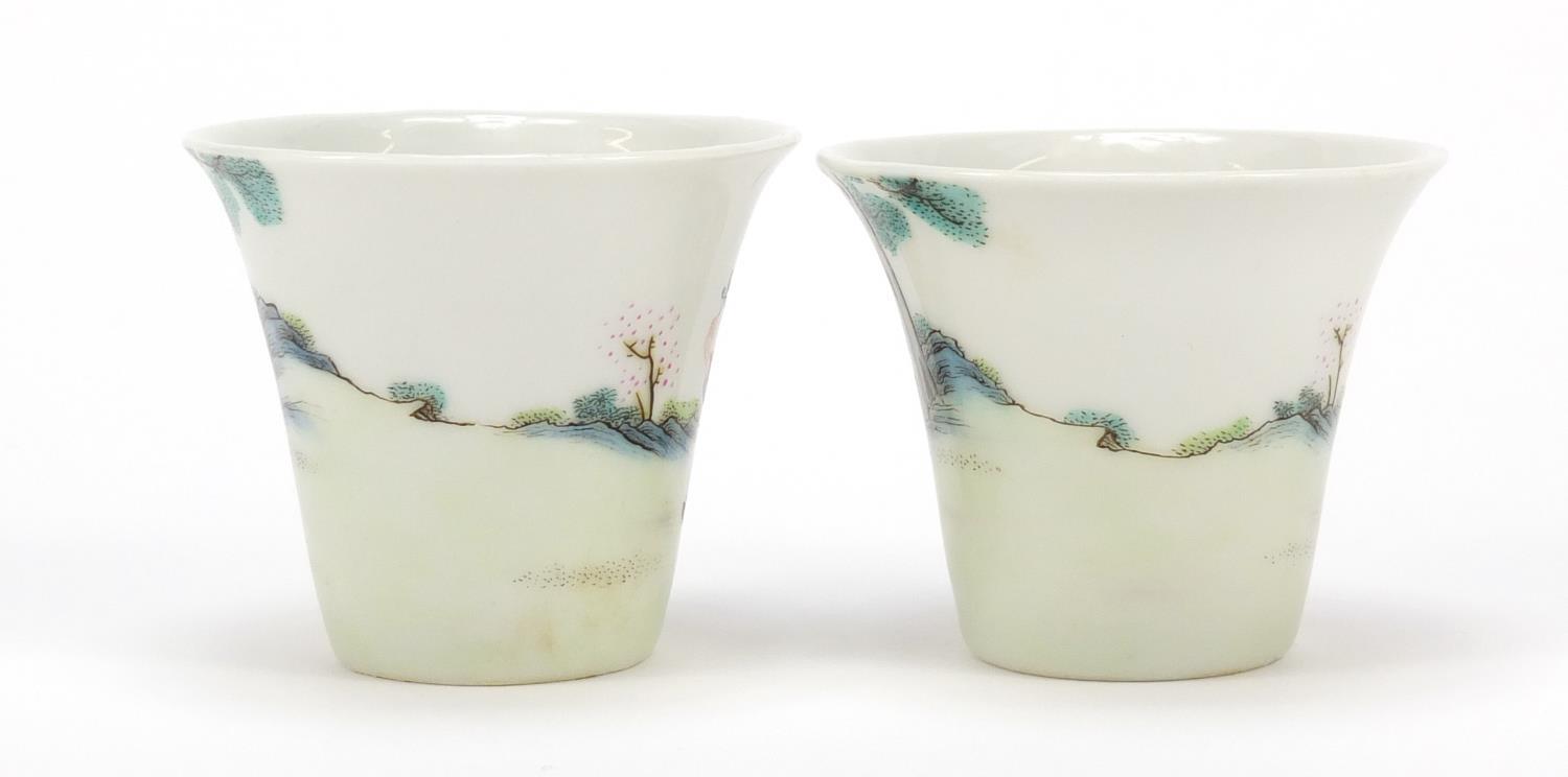 Good pair of Chinese porcelain tea cups hand painted in the famille rose palette with children - Image 5 of 11