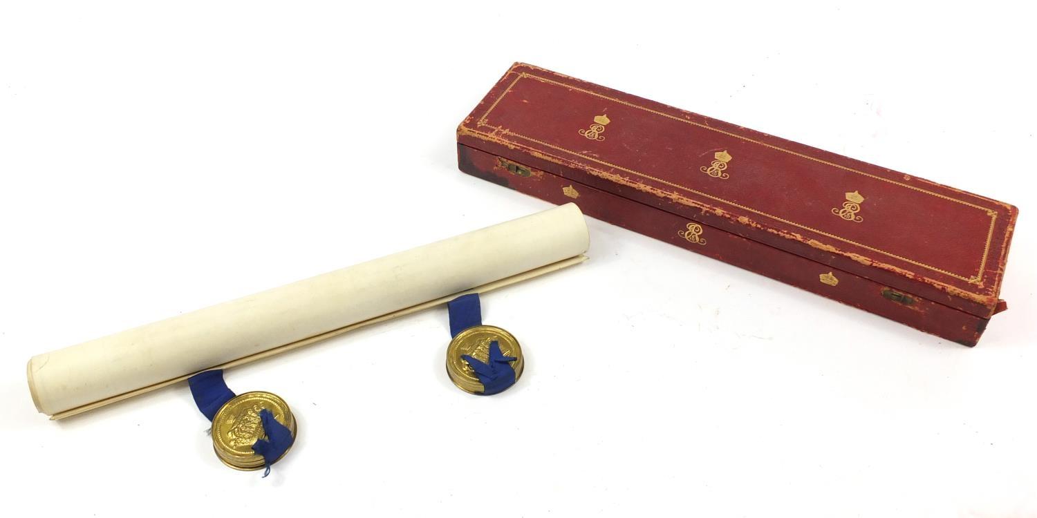 Royal interest Edward VIII Grant of Arms with wax seals and fitted tooled leather box, inscribed
