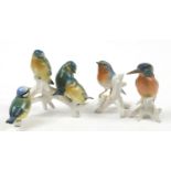 Karl Ens hand painted porcelain birds including a group of four, 20.5cm wide