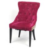 Pink and beige button back bedroom chair, raised on square tapering legs, 94cm high