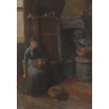 Female in a Dutch kitchen, 19th century oil on canvas laid on board, framed, 49.5cm x 34cm excluding