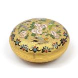 Chinese cloisonné bun shaped box and cover, decorated with birds amongst flowers, 8cm in diameter