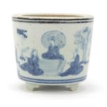 Chinese blue and white porcelain three footed planter hand painted with figures in a palace setting,