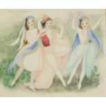 Manner of Marie Lawrencin - Three dancers, watercolour, mounted, framed and glazed, 33cm x 27.5cm