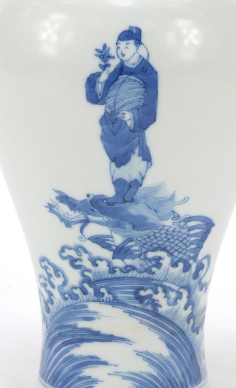 Chinese blue and white porcelain baluster vase, finely hand painted with a figure upon a mythical - Image 2 of 9