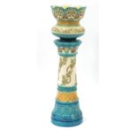 Burmantofts, Arts & Crafts faience jardinière on stand, hand painted and decorated in low relief