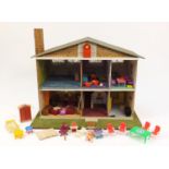 Hand built wooden doll's house with contents, 59cm H x 70cm x 43cm D