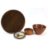 Modernist wooden ware including a centre dish together with a Quimper painted wood plate by P