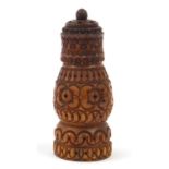 19th century carved coquilla nut pounce pot with Stanhope finial, 11cm high