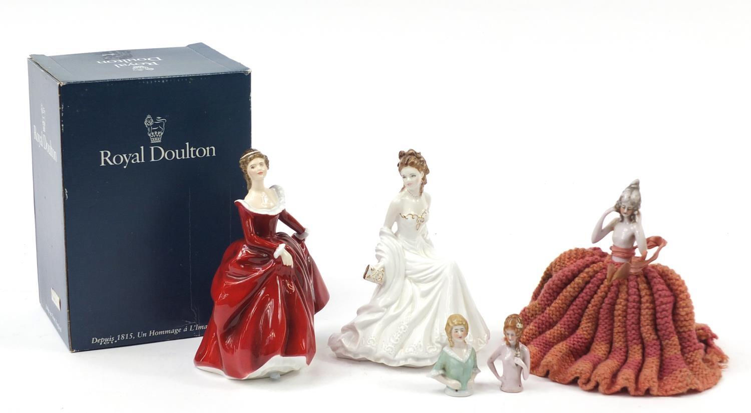 Three German half pin dolls, Royal Worcester figurine and a Royal Doulton figurine with box, the