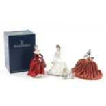 Three German half pin dolls, Royal Worcester figurine and a Royal Doulton figurine with box, the