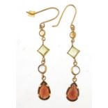 Pair of unmarked gold coloured metal multi gem drop earrings, 4.5cm high, 1.7g