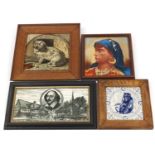 Four Victorian tiles including one transfer printed with seated dog, one of two monkeys and one with