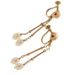 Pair of unmarked gold pearl drop earrings with screw backs, 4.5cm high, 4.4g
