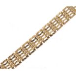 9ct gold five row gate bracelet with love heart padlock, 16cm in length, 15.5g