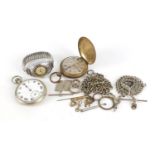 Two pocket watches, Kelton wristwatch and selection of watch chains