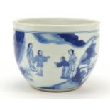 Chinese blue and white porcelain jardinière hand painted with figures and a scholar in a