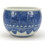 Good Chinese blue and white porcelain jardinière hand painted with fish and mythical motifs, six
